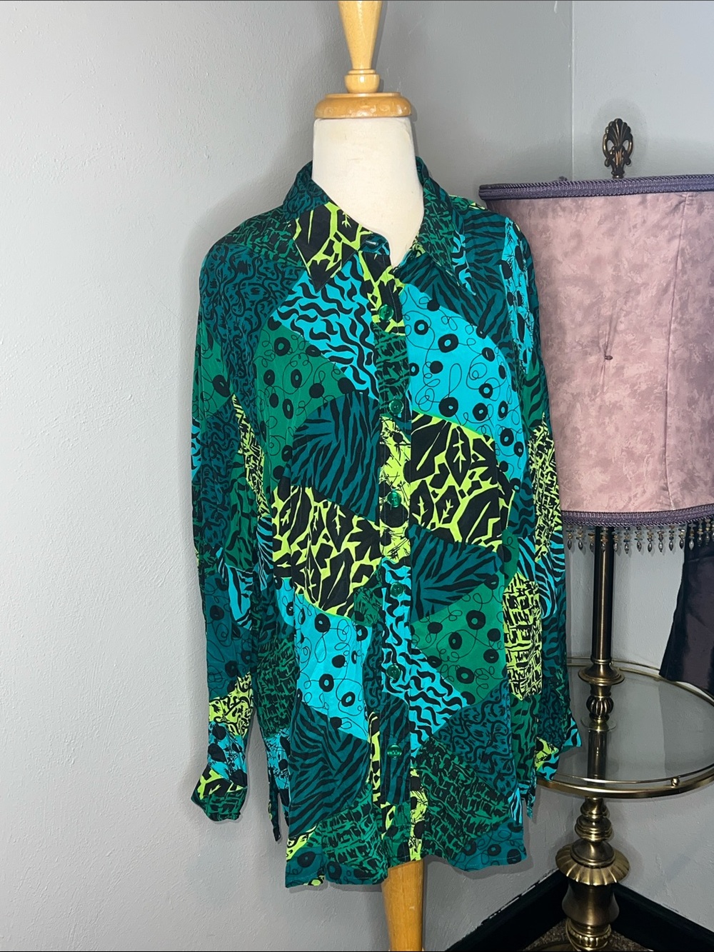 Vintage Diane VonFurstenburg Silk Green & Teal Patterned Button-Up Shirt
